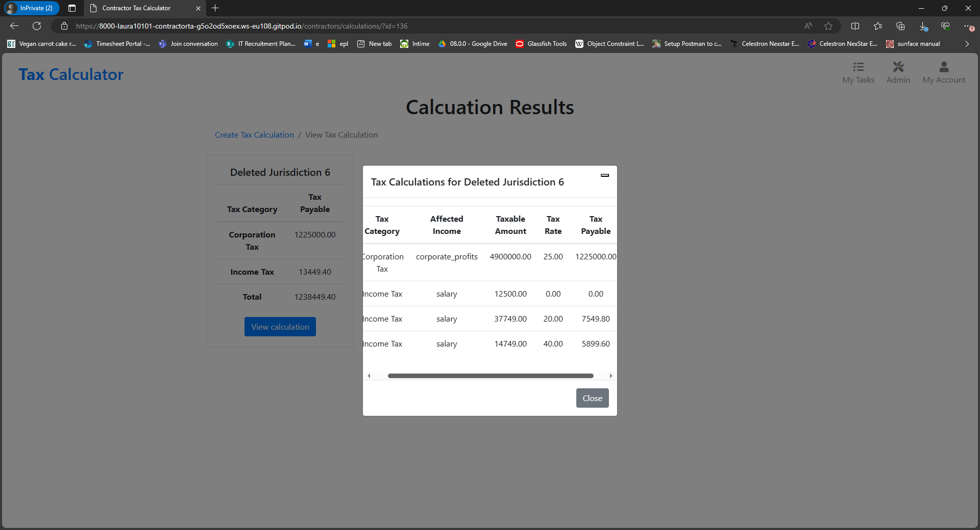 The calculation results page