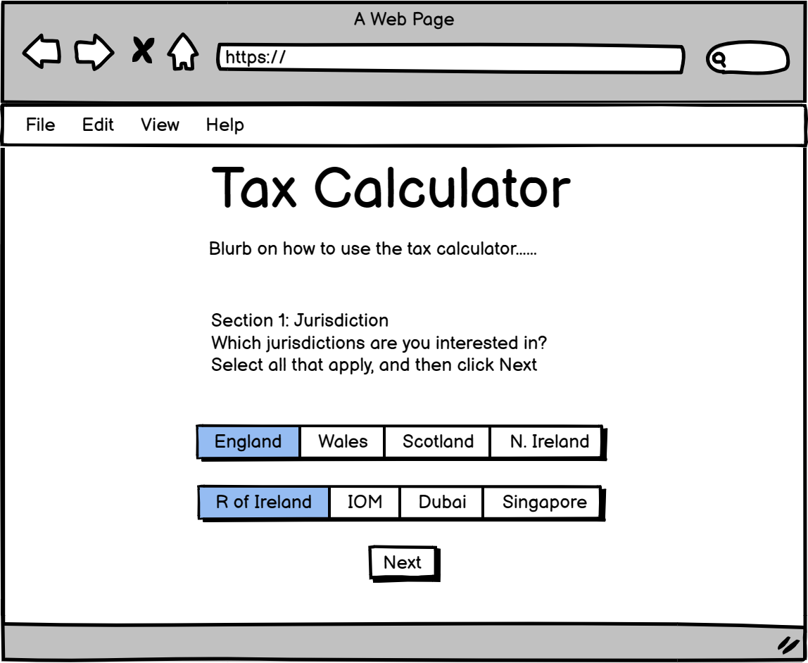 The select jurisdictions page wireframe